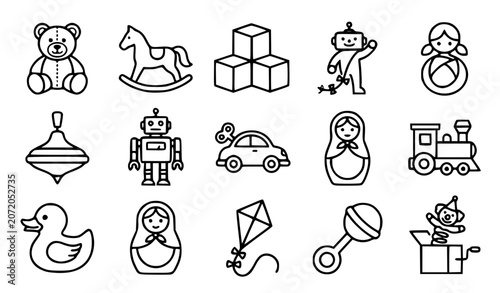 Fotografie Toy types vector icon set with simple bold line art classic teddy bear wooden ro