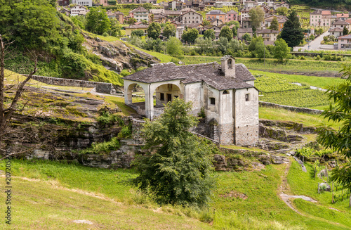 The Church of Santa Maria del Castello in Semione, a historic religious landmark located in the Blenio Valley, Canton of Ticino, Switzerland.
