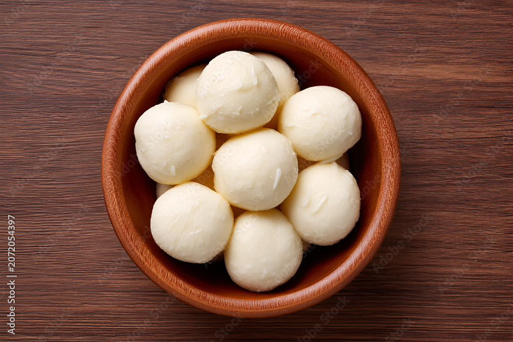 Fototapeta premium Fresh mozzarella balls in a wooden bowl on a dark table top view
