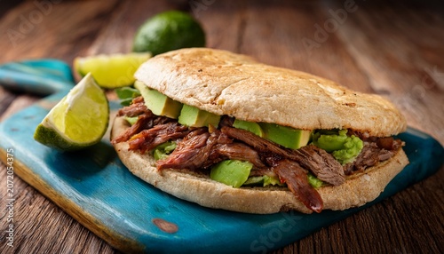 delicious mexican torta sandwich with avocado and meat food photography image