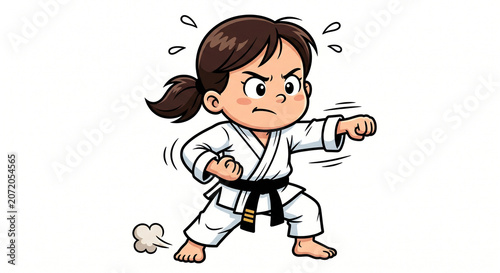 Cartoon illustration of a determined little girl practicing karate