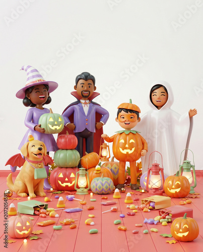 3D cartoon family in Halloween costumes with pumpkins and candy