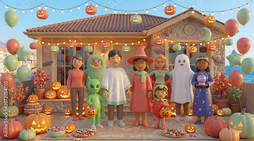 Diverse cartoon characters in Halloween costumes outdoors