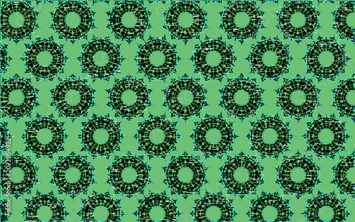 Vintage floral mandala pattern featuring repeating black star shapes on soft green backdrop for textile and wallpaper design