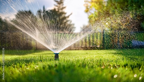green grass being watered by a sprinkler system in a lawn on a sunny day show lush lawn care summer irrigation and water conservation concepts