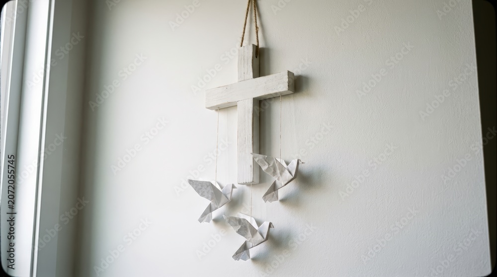 Naklejka premium White Wooden Cross with Angel Wings Wall Decor.