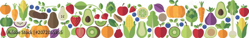 Photos Organic fresh fruit and vegetable horizontal border vector pattern featuring app