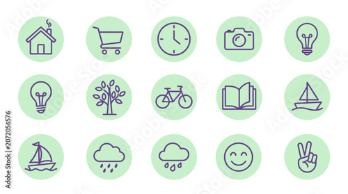 Circular green lifestyle and nature icon set.