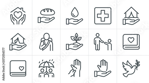 Charity social responsibility and community support icons.