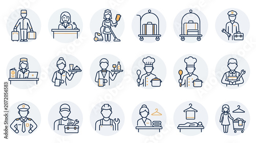 Circular hospitality staff and hotel service icons.
