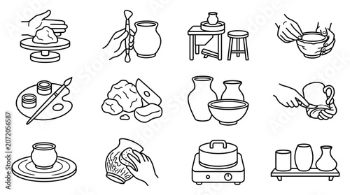 Clay sculpting and ceramics workshop process line icons.