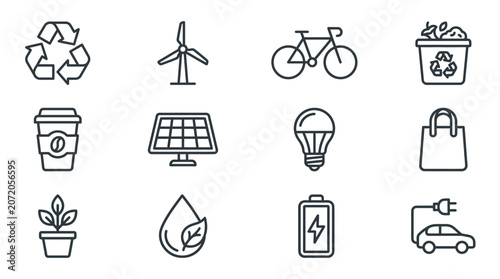 Clean energy and green technology line icon set.