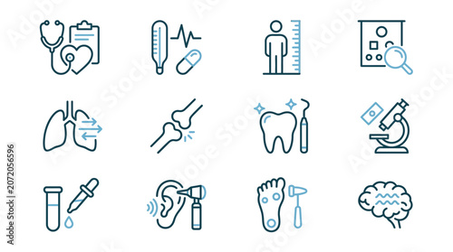 Clinical medicine and laboratory research line icons.