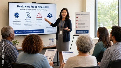Woman leading a healthcare fraud awareness presentation for adults with handouts and a slideshow in a community meeting room