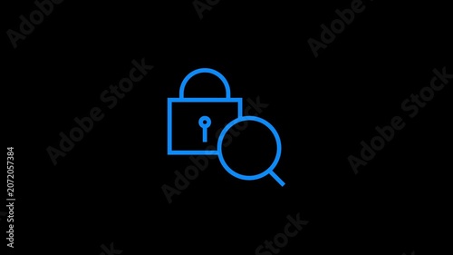 Security monitoring animation with blue line padlock and magnifying glass icon.