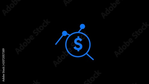 Financial analytics icon with magnifying glass and dollar sign motion graphics.