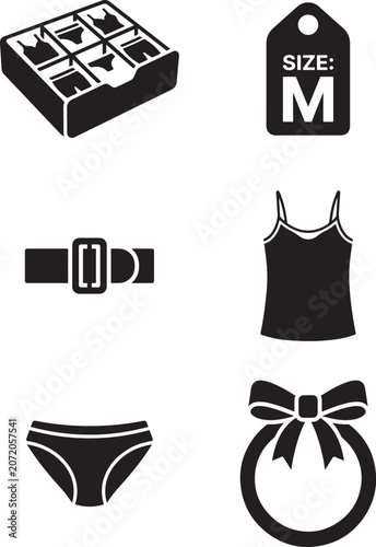 Set of black and white icons for underwear retail clothing and garment organization accessories