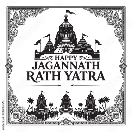 Happy Jagannath Rath Yatra greeting card vector with deities in chariot and traditional elephant border