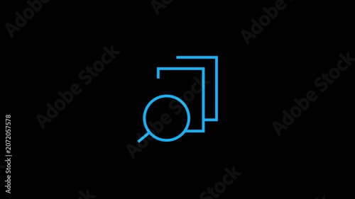 Search document icon animation with blue outline magnifying glass on black back.