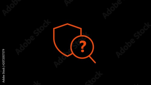 Animated orange shield with magnifying glass and question mark icon on black bg.