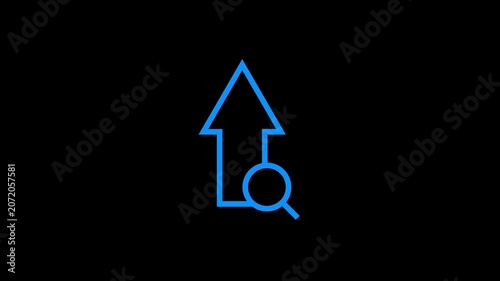 Animated blue line art icon of an arrow pointing up with magnifying glass symbol.