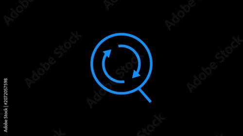 Search icon animation with rotating arrows inside magnifying glass symbol on black.
