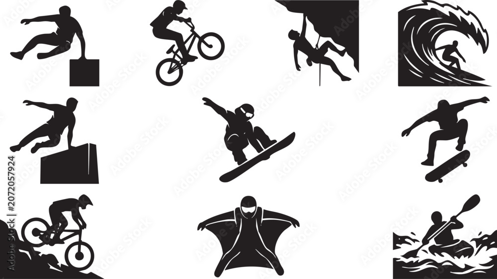 Obraz premium Extreme Sports Silhouettes and Outdoor Adventure Activities Vector Set