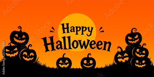 Halloween banner with funny silhouettes of pumpkin, yellow-orange background.. Vector illustration.