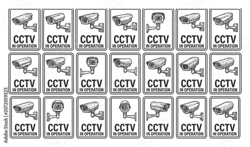 Bild auf Leinwand Collection of various cctv in operation security camera warning signs