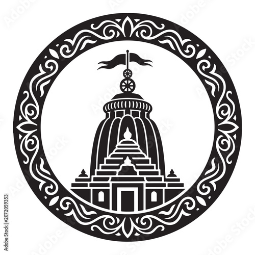 Jagannath temple shikhara dome with neelachakra and flag vector illustration in circular ornate frame