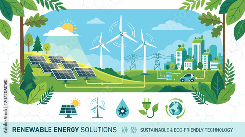 Renewable energy landscape featuring solar panels, wind turbines, green city, and sustainable technology. Eco-friendly clean energy vector banner for environmental and renewable power concepts.