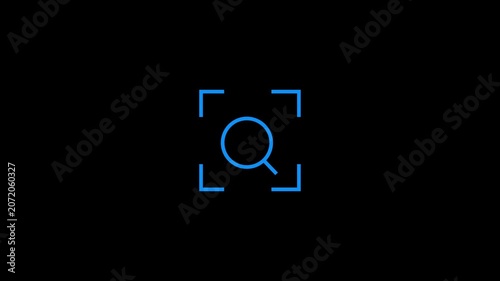 Blue search icon in square frame graphic animation for digital interface navigation.