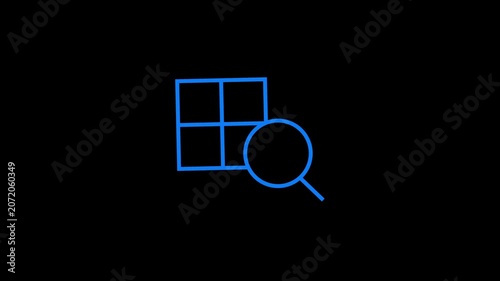 Minimalist digital animation of square grid icon with magnifying glass for search.