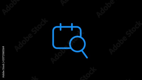 Blue line art animation of a calendar icon with a magnifying glass search feature.