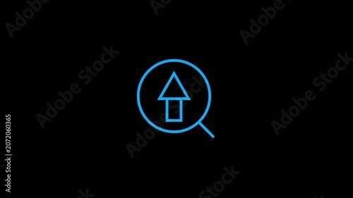 Minimalist graphic animation featuring blue line search icon with upward arrow sign.