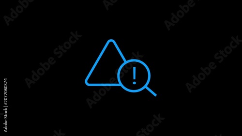 Neon blue triangle warning sign icon animated on black background for alert safety.