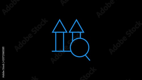 Neon blue line graphic icon of two upward rising arrows inside a magnifying glass.