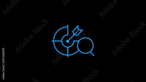 Animated blue target icon with a search magnifying glass on black background loop.