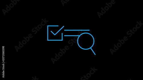 Animated blue line icon showing a checklist with a magnifying glass search feature.