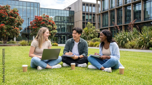 International students sitting on green campus lawn and chatting together, study in New Zealand and higher education concept.