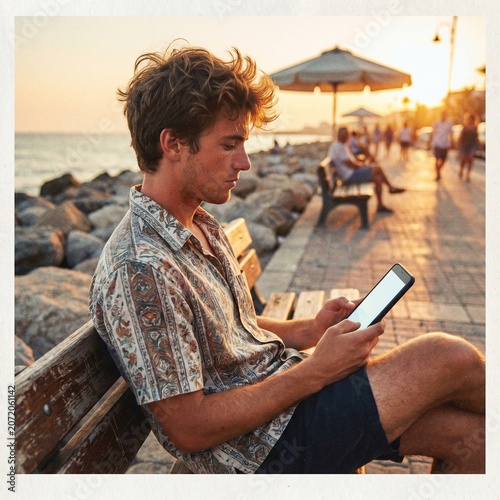 Man Relaxing with Cellphones by the seaside