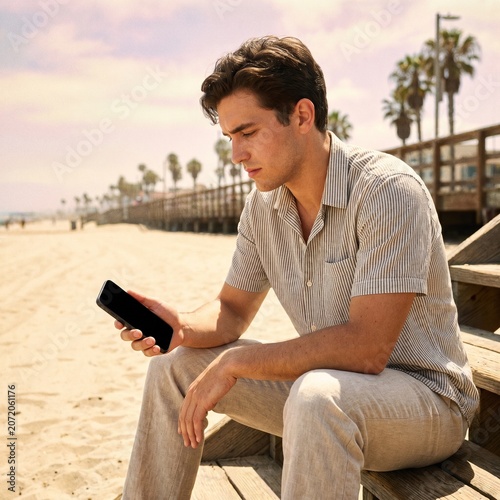 Young Man Looking Down at His Phone by the Seaside