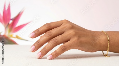 Closeup of a womans hand wearing a delicate gold bracelet