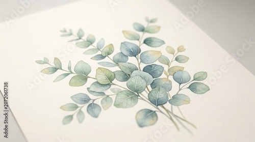 Watercolor illustration of eucalyptus branches with green and blue leaves