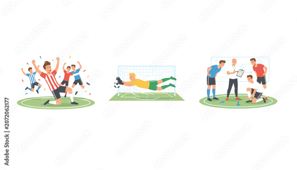 Fototapeta premium Dynamic panels illustrating key soccer moments including team celebration, goalkeeper save, and tactical training.