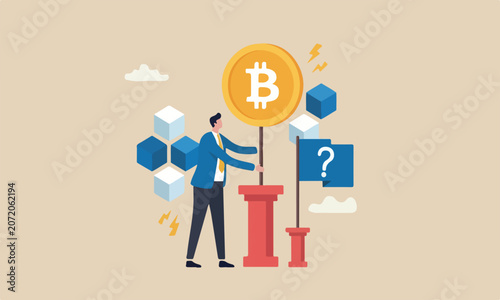 Tableau sur toile What currency concept, businessman expert explain blockchain technology on golde