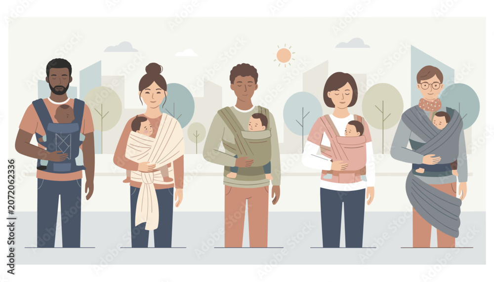 Obraz premium Diverse parents wearing different styles of baby wraps and carriers while standing outdoors in an urban park.