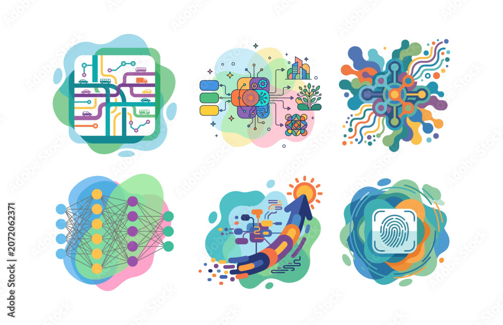 Naklejka premium Abstract Data Processing Technology Icons Collection Featuring Digital Network Connectivity