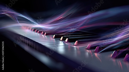 Ethereal Piano Keys with Colorful Light Trails and Soft Focus