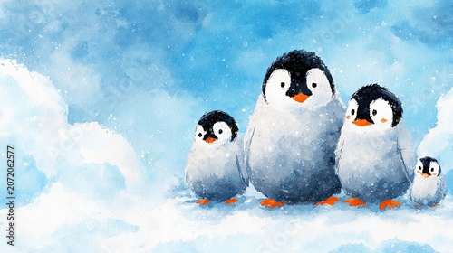Cute Cartoon Penguins in a Snowy Landscape with Soft Blue Background